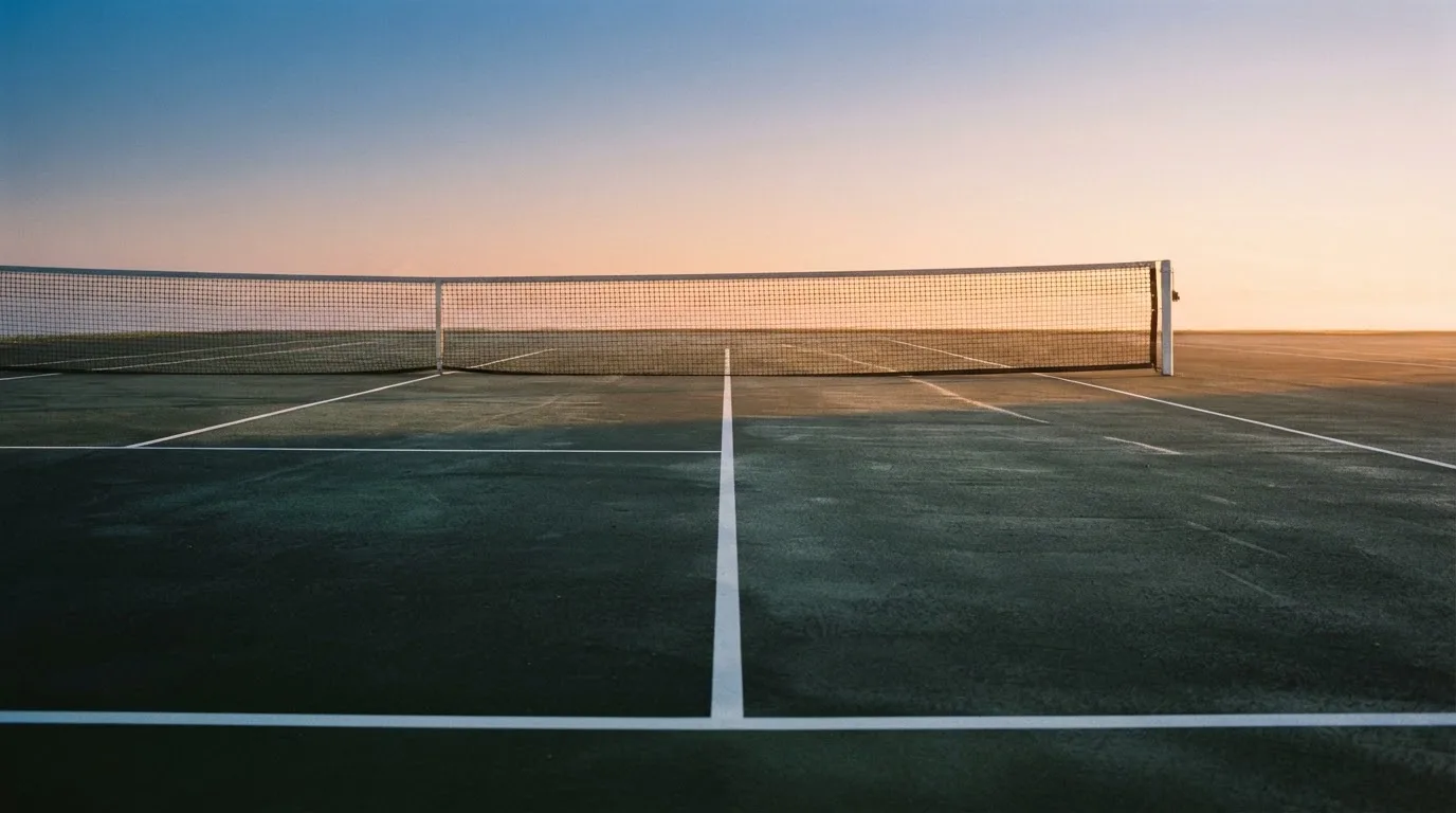 Ein Tennisplatz bei Sonnenaufgang, Netz und Grundlinien im weichen Licht, niemand ist zu sehen.
