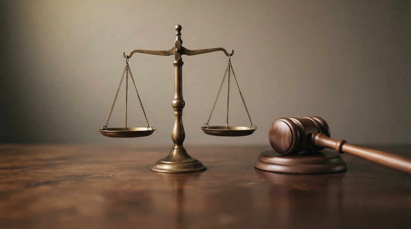 Eine Balkenwaage aus Messing steht im Gleichgewicht auf einem dunklen Pult neben einem hölzernen Richterhammer, dahinter eine unscharfe Wand.