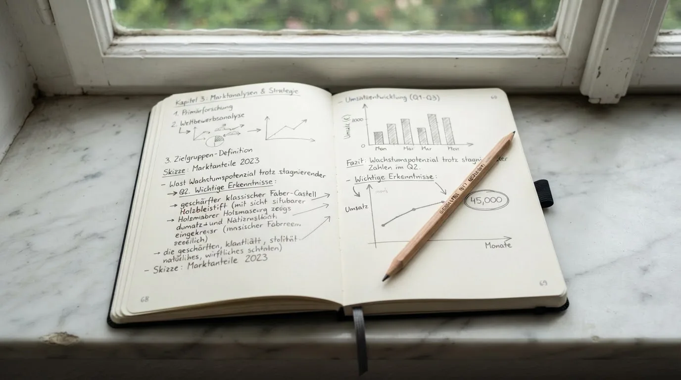 Ein aufgeschlagenes Notizbuch mit handschriftlichen Skizzen und ein Bleistift liegen auf einer Fensterbank im Tageslicht.
