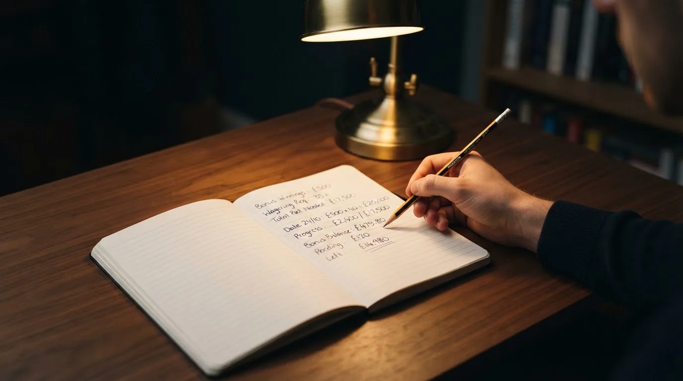 Ein Taschenrechner und ein Notizbuch mit handschriftlichen Zahlenreihen liegen auf einem Schreibtisch unter einer Lampe.