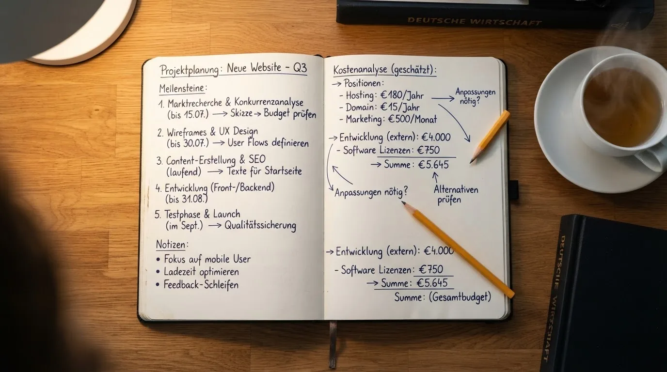 Ein aufgeschlagenes Notizbuch mit handschriftlichen Skizzen und ein Bleistift liegen auf einem Schreibtisch neben einer Tasse Tee.
