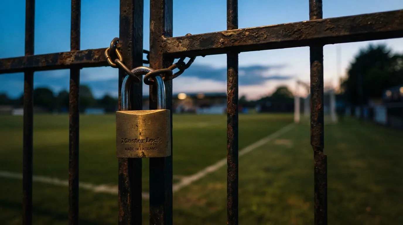 Ein Vorhängeschloss hängt an einem Metalltor in der Dämmerung, im Hintergrund unscharf ein Fußballplatz.