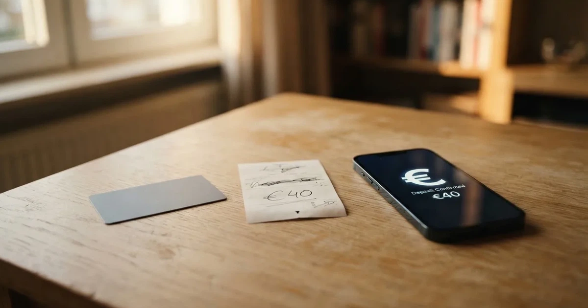Eine Plastikkarte ohne Aufdruck liegt neben Münzen und einem Smartphone mit dunklem Display auf einem hellen Tisch.
