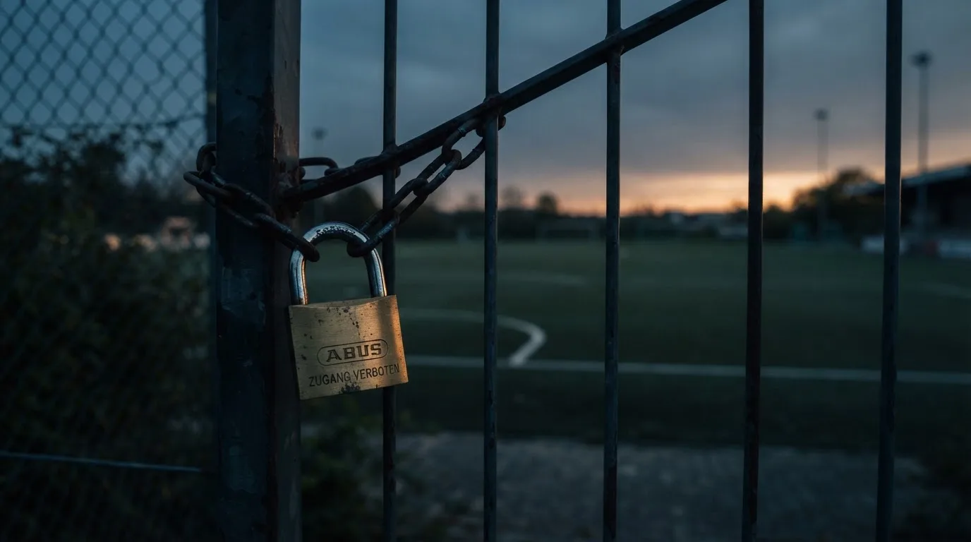 Ein Vorhängeschloss hängt an einem Metalltor in der Dämmerung, im Hintergrund unscharf ein leerer Fußballplatz.