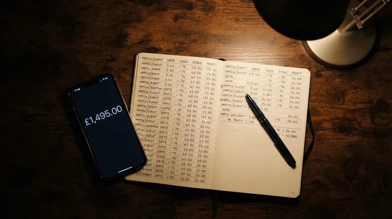 Ein Taschenrechner und ein aufgeschlagenes Notizbuch mit handschriftlichen Zahlenreihen liegen unter einer Schreibtischlampe.