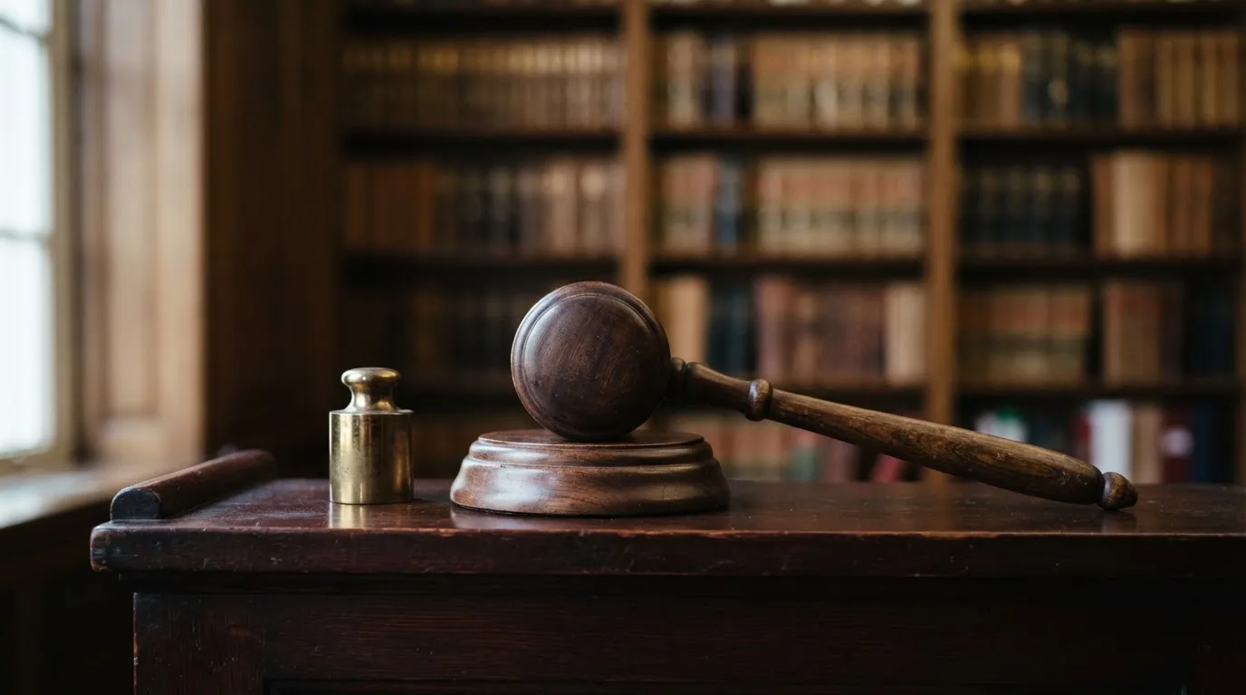 Ein hölzerner Richterhammer liegt auf einem dunklen Pult neben einem Messinggewicht, im Hintergrund ein unscharfes Bücherregal.