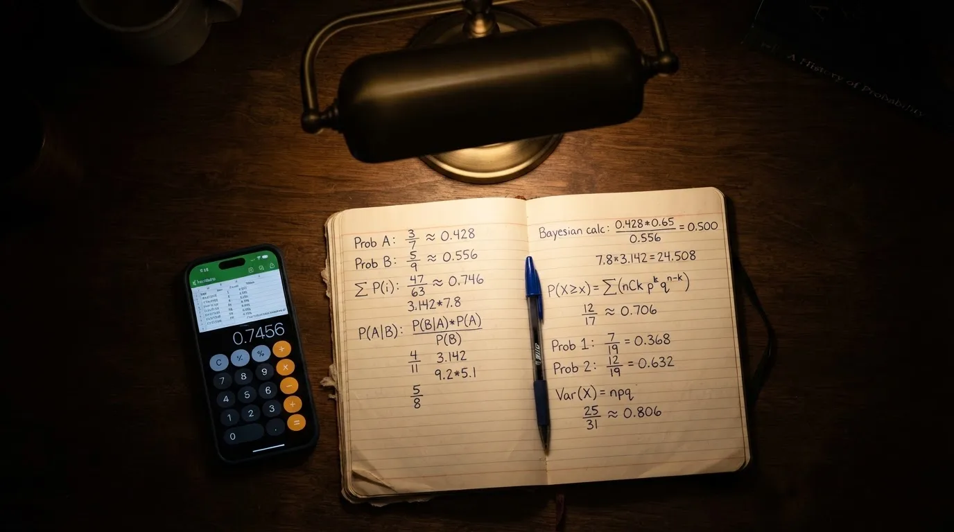 Ein Taschenrechner und ein aufgeschlagenes Notizbuch mit handschriftlichen Zahlenreihen liegen unter einer Schreibtischlampe.