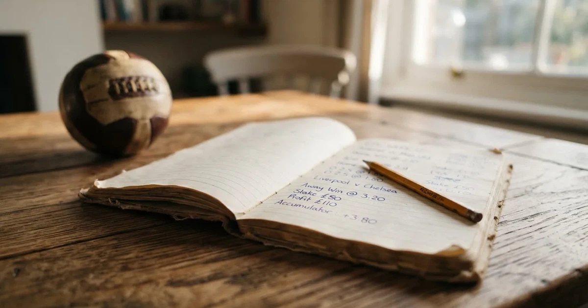 Ein Notizbuch mit handschriftlichen Notizen und einem Bleistift liegt auf einem Holztisch, daneben ein kleiner Fußball im weichen Tageslicht.