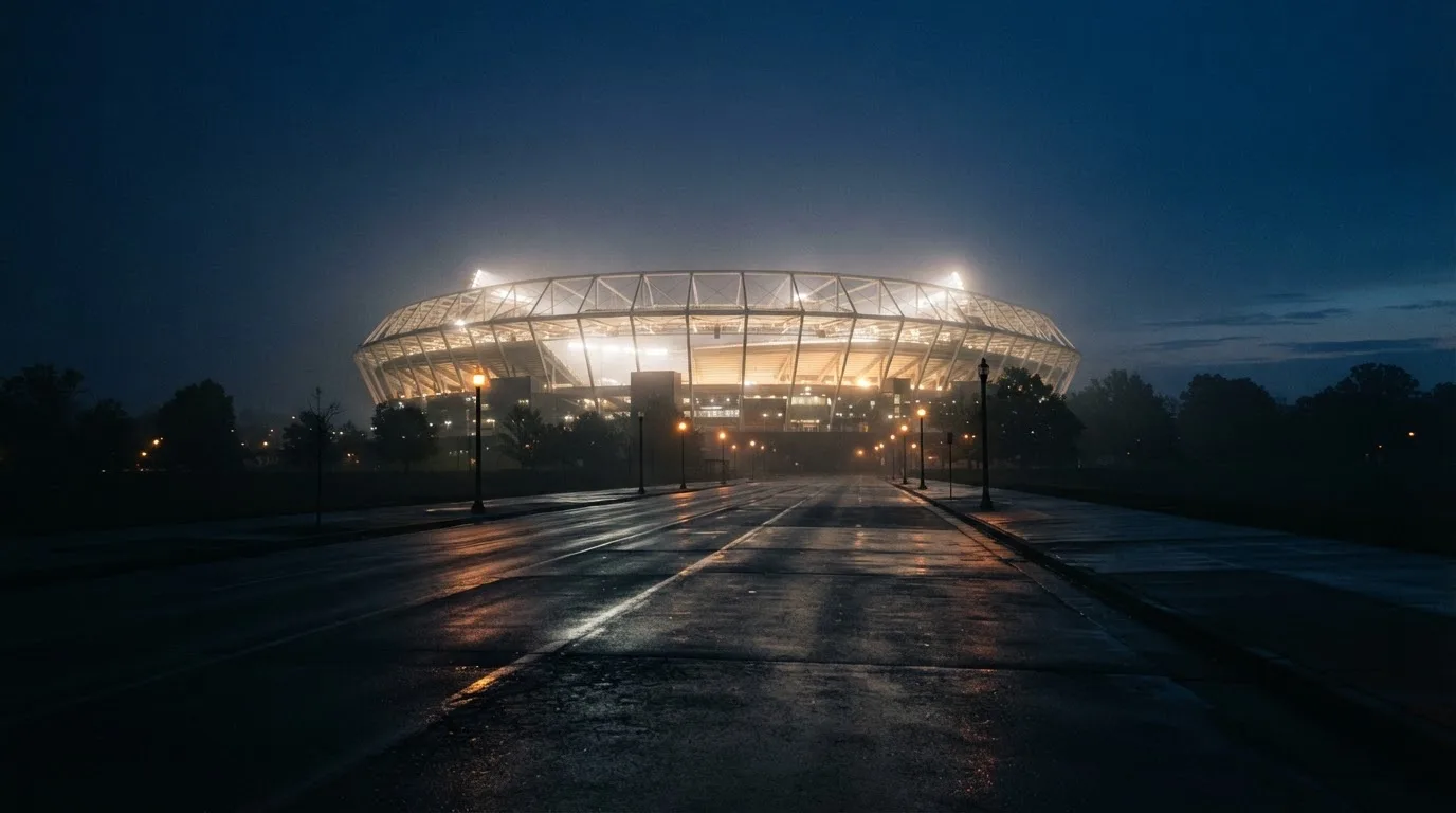 Ein Stadion unter Flutlicht aus der Ferne gesehen, davor eine leere Straße in der Abenddämmerung mit leichtem Dunst.