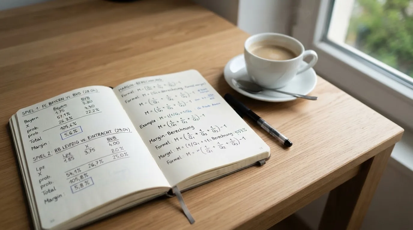 Ein Notizbuch mit handschriftlichen Rechnungen und ein Taschenrechner liegen auf einem hellen Schreibtisch neben einer Kaffeetasse.