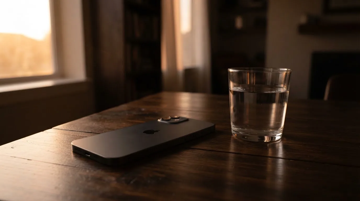 Ein Smartphone liegt mit dem Display nach unten auf einem Holztisch neben einem Glas Wasser, Abendlicht fällt durch ein Fenster.