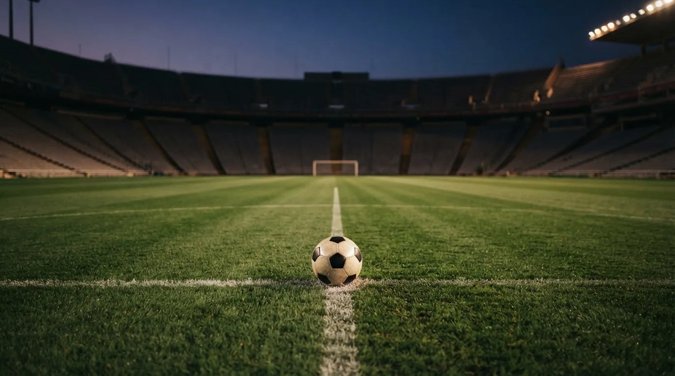 Ein Fußball liegt auf dem Anstoßpunkt eines leeren Rasenplatzes, dahinter ragen dunkle Ränge in den Abendhimmel.