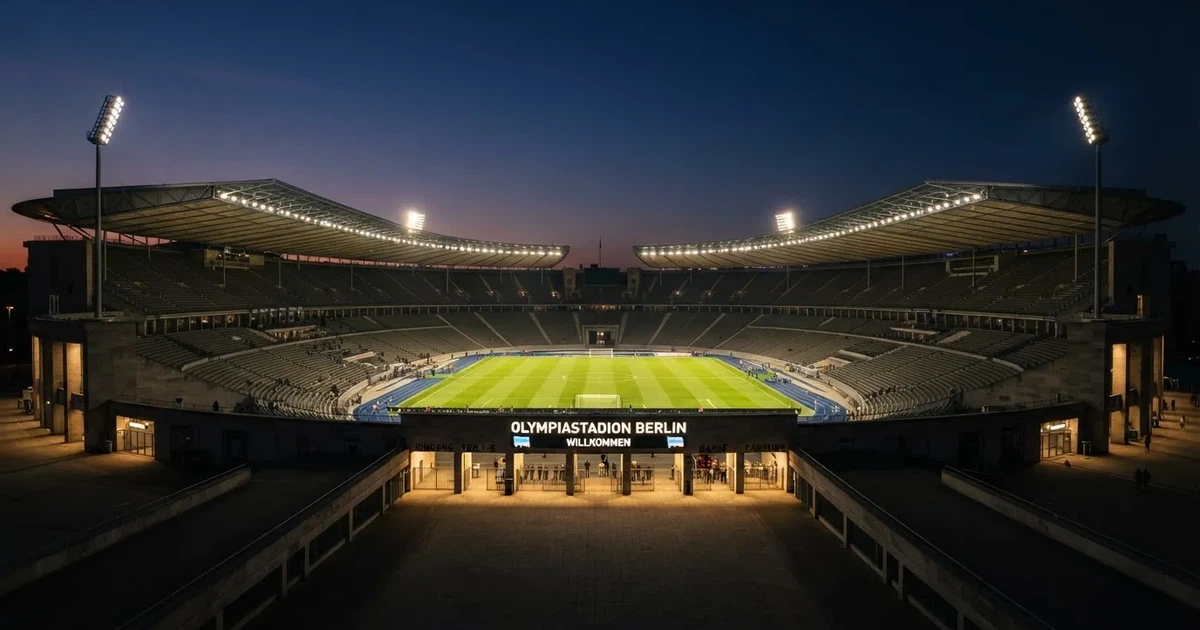 Ein Fußballstadion am Abend unter Flutlicht aus der Ferne gesehen, die Tribünen sind leicht beleuchtet und der Himmel dunkelblau.