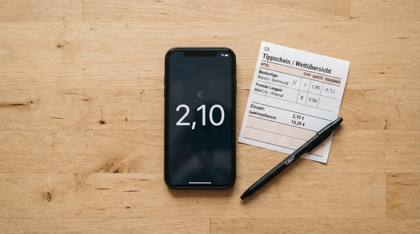 Ein Smartphone mit dunklem Display liegt neben einem leeren Papier-Wettschein und einem Stift auf einem Holztisch.