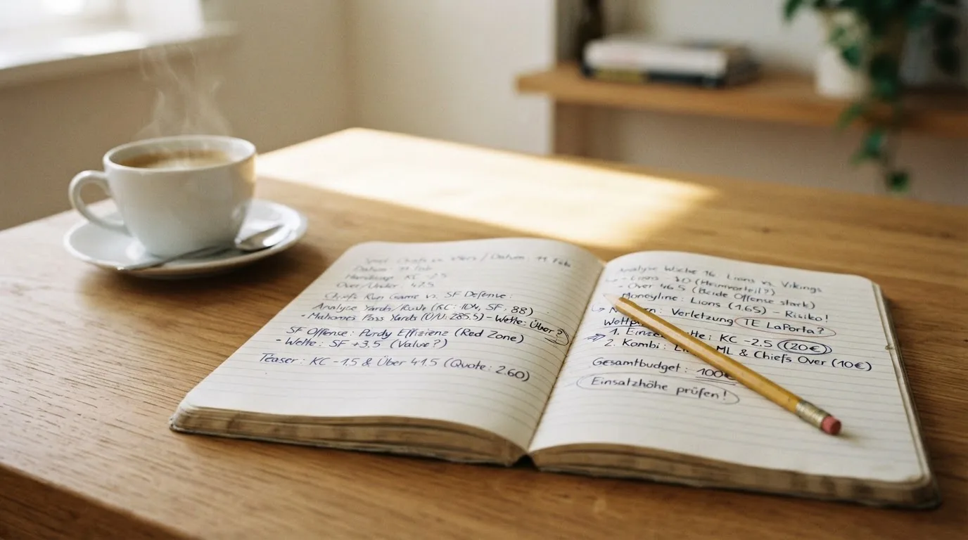 Ein Notizbuch mit handschriftlichen Notizen und einem Bleistift liegt auf einem Tisch, daneben steht eine Kaffeetasse im Morgenlicht.