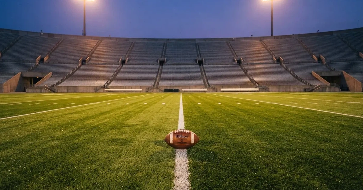 Ein American-Football-Ball liegt auf einem Rasenplatz unter Flutlicht, im Hintergrund eine große Tribüne in der Dämmerung.