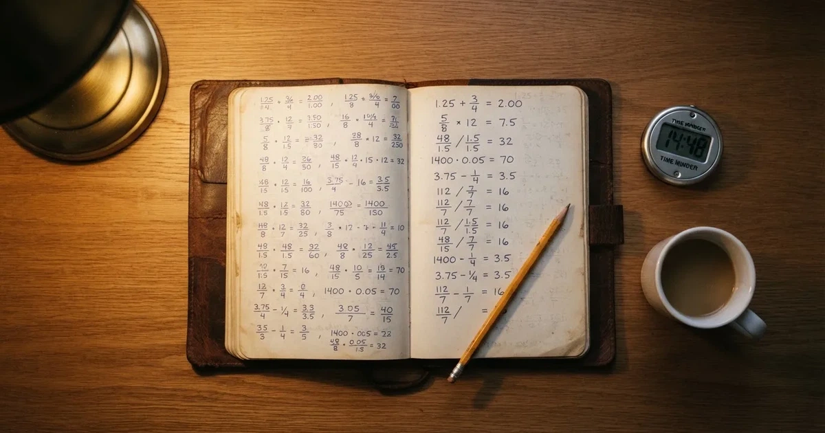 Ein Notizbuch mit handschriftlichen Notizen und einem Bleistift liegt neben einem Taschenrechner auf einem aufgeräumten Schreibtisch.