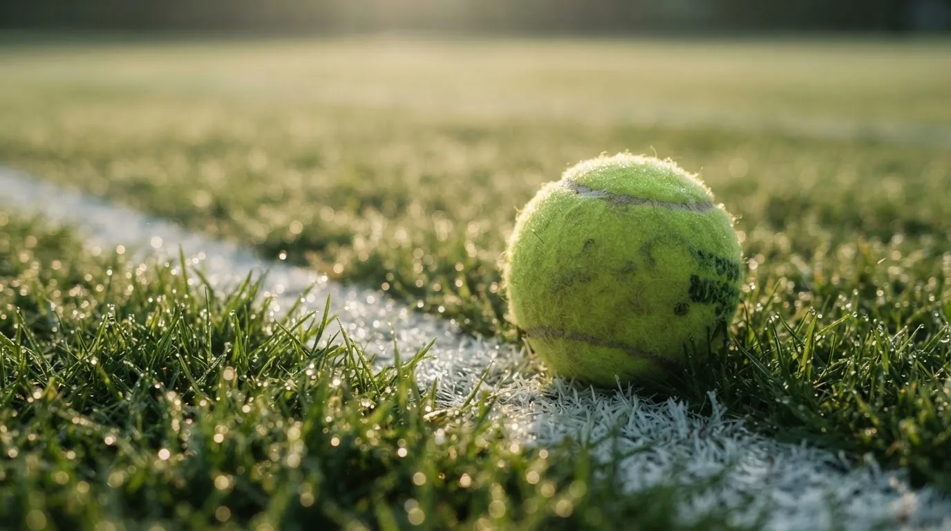 Ein Tennisball liegt auf frisch gemähtem Gras neben einer weißen Linie, Tautropfen glänzen im Gegenlicht.