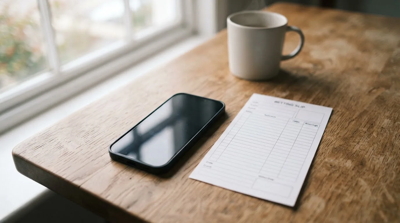 Ein Smartphone mit dunklem Display liegt neben einem leeren Papier-Wettschein auf einem Tisch am Fenster.