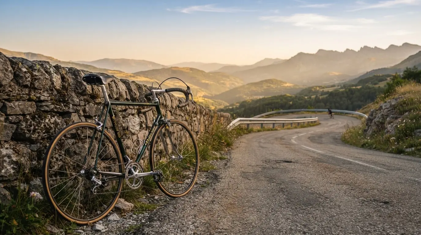 Ein Rennrad lehnt an einer Steinmauer in einer Bergkurve, im Hintergrund eine weite Hügellandschaft im Gegenlicht.