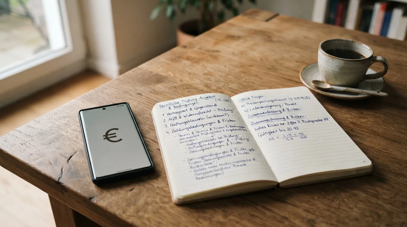 Ein Smartphone liegt auf einem Tisch neben einem Notizbuch mit handschriftlichen Notizen und einer Tasse Kaffee.