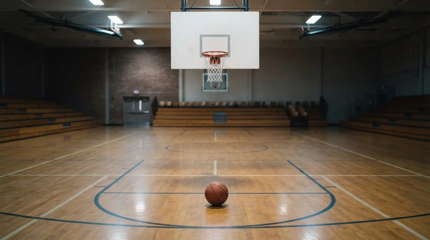 Ein Basketballkorb in einer leeren Halle, der Ball liegt unter dem Brett auf dem Parkett.