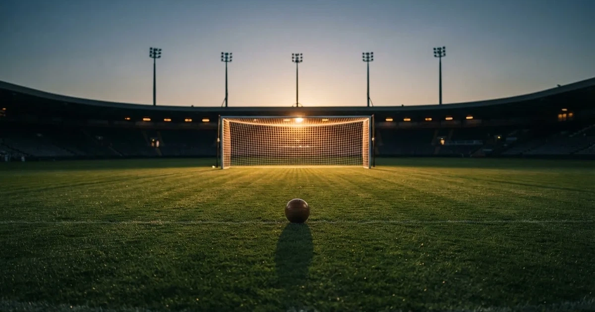 Ein Fußballtor mit Netz im Gegenlicht auf einem leeren Platz am Abend, davor ein Ball auf dem Rasen.