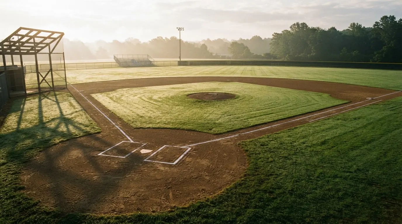 Ein Baseballfeld mit leerem Infield im Morgenlicht, die Linien frisch gezogen, keine Spieler im Bild.