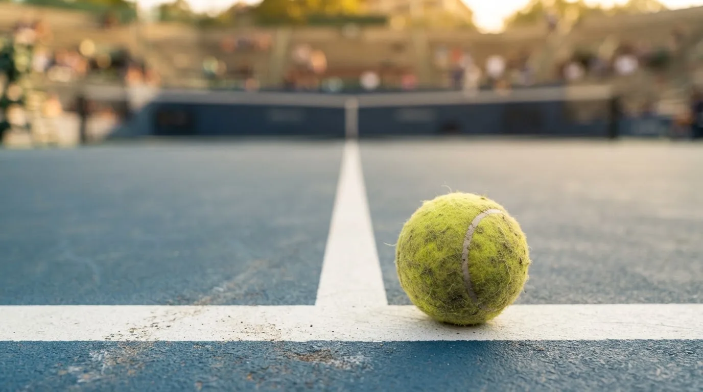 Ein Tennisball liegt in Nahaufnahme auf einer Grundlinie, dahinter verschwimmt ein leerer Platz in warmem Licht.