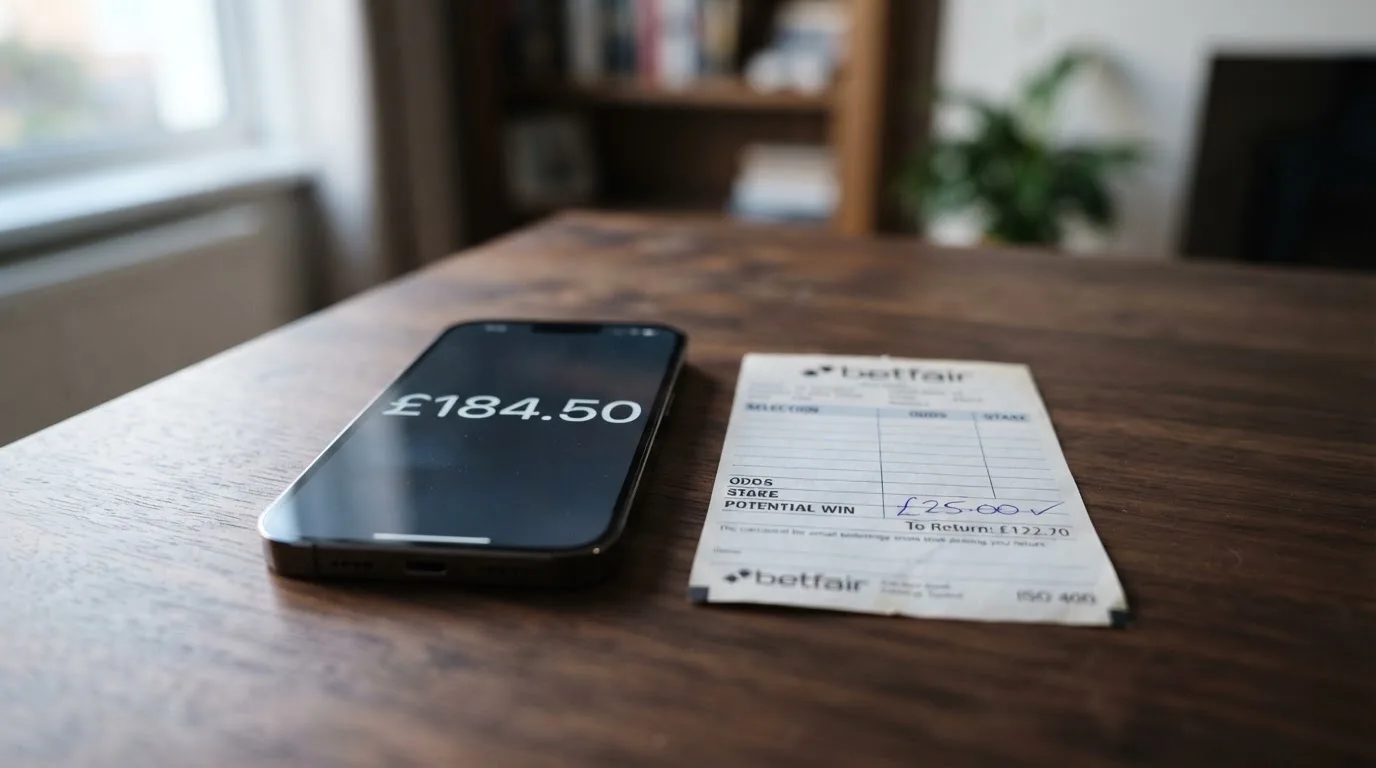Ein Smartphone mit dunklem Display liegt neben einem leeren Papier-Wettschein auf einem Tisch, Licht fällt von der Seite.