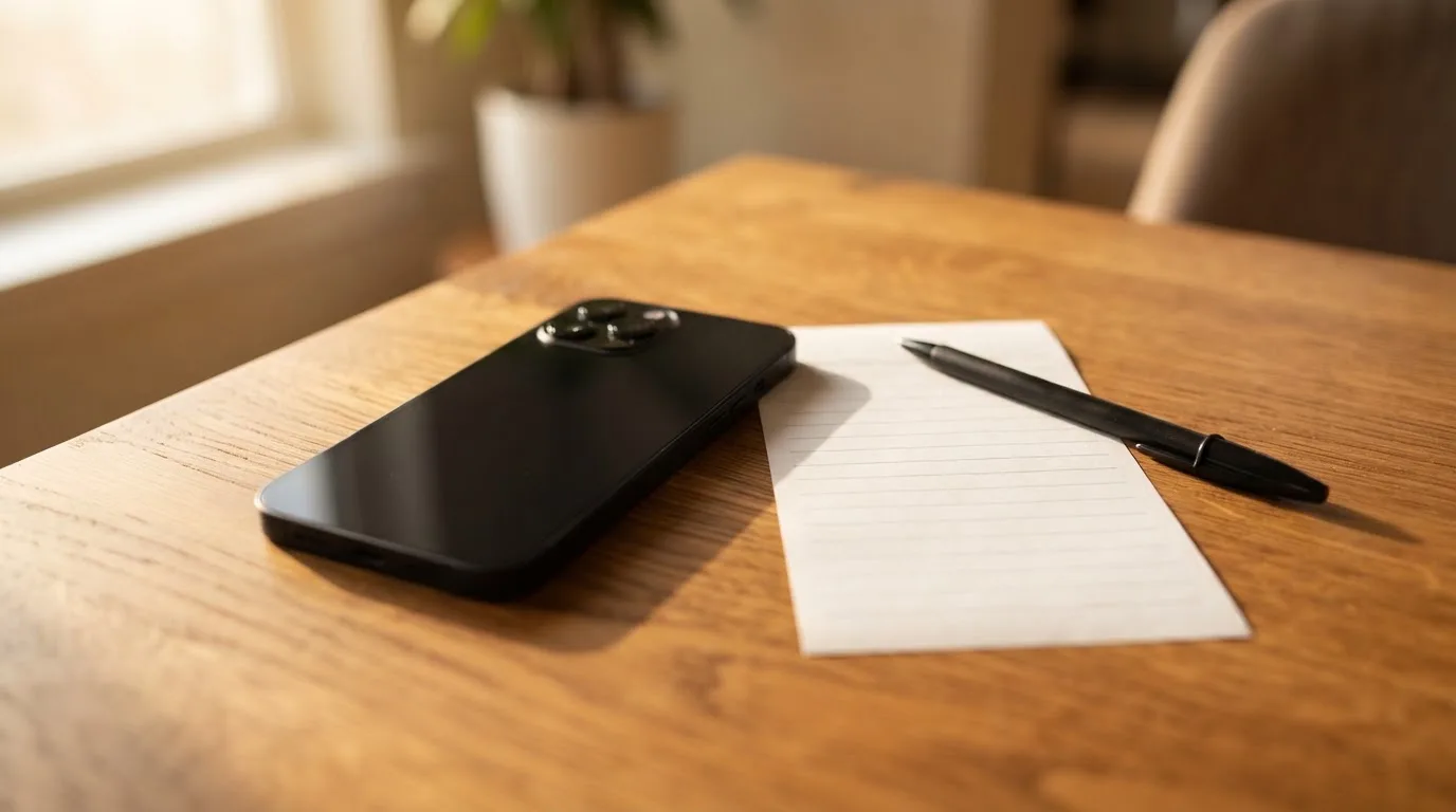 Ein Smartphone liegt mit dunklem Display neben einem leeren Papier-Wettschein und einem Stift auf einem Holztisch.