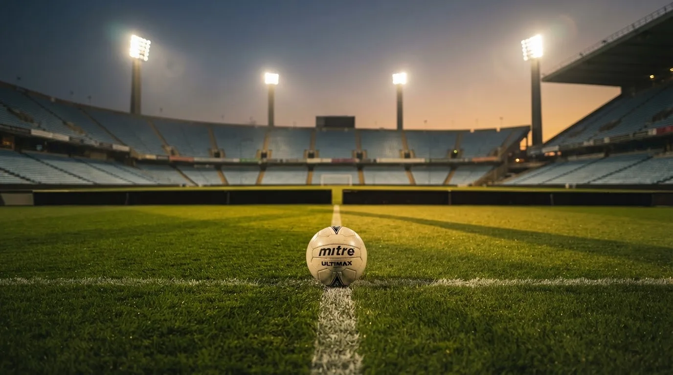 Ein Fußball liegt auf dem Anstoßpunkt eines Rasenplatzes, dahinter eine leere Tribüne im Abendlicht.