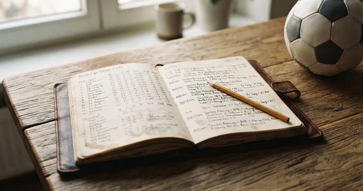Ein Notizbuch mit handschriftlichen Notizen und einem Bleistift liegt auf einem Holztisch, daneben ein kleiner Fußball im Tageslicht.