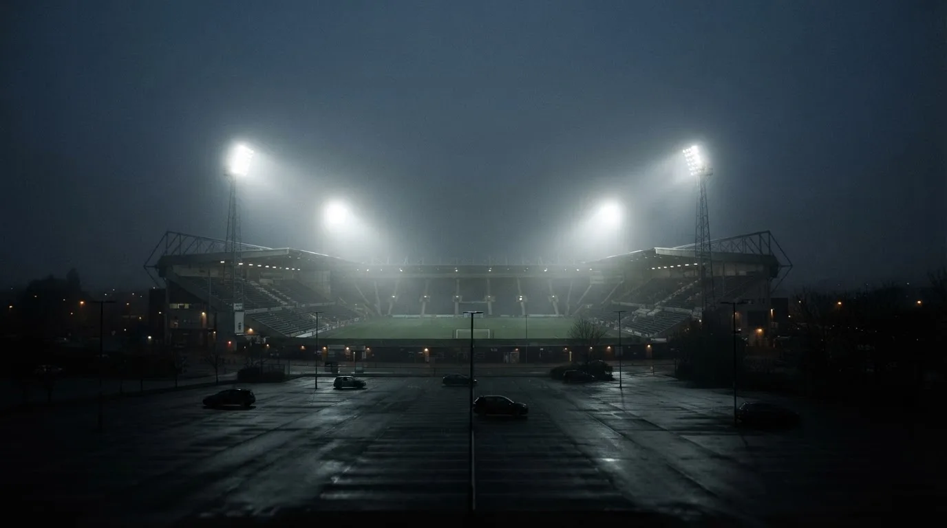 Ein Stadion unter Flutlicht aus der Ferne gesehen, davor ein stiller Parkplatz bei Nebel.