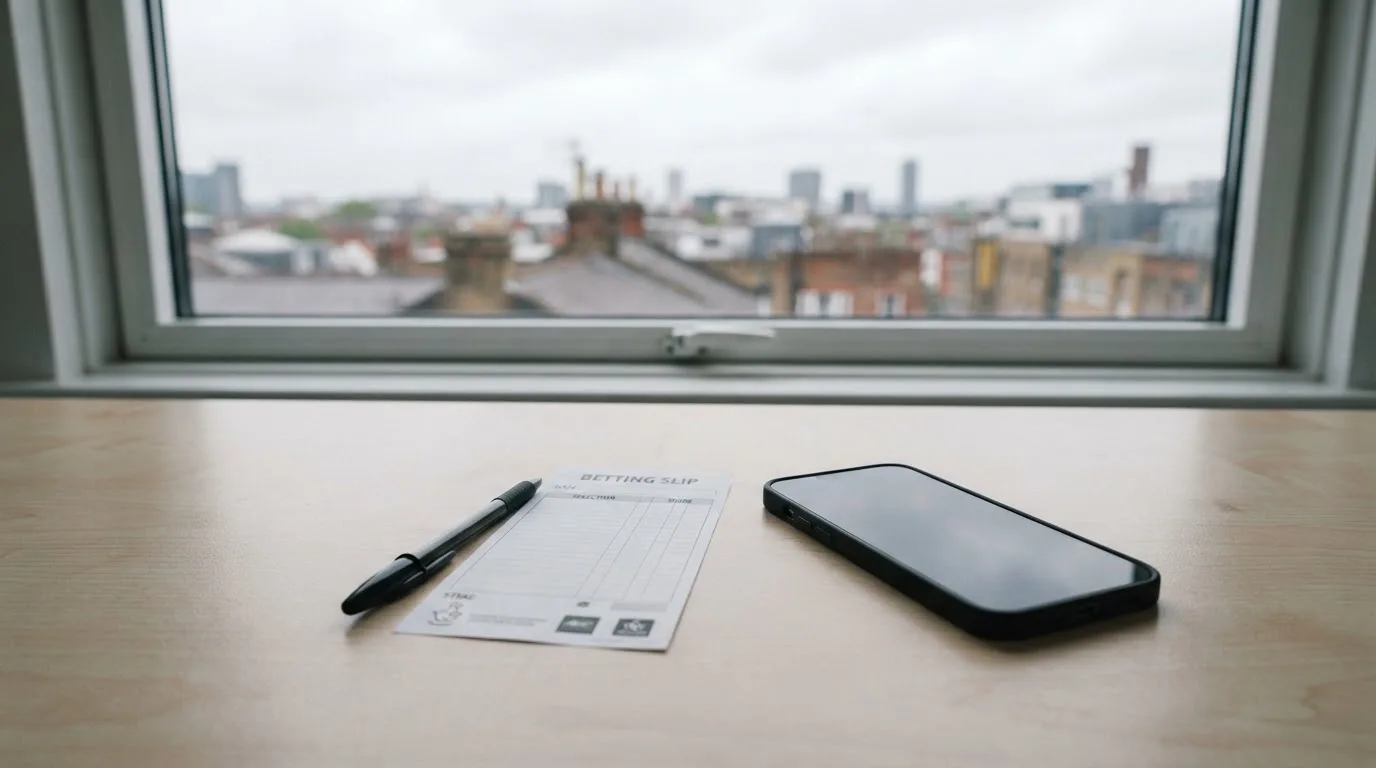 Ein leerer Papier-Wettschein und ein Kugelschreiber liegen neben einem Smartphone mit dunklem Display auf einem Schreibtisch am Fenster.