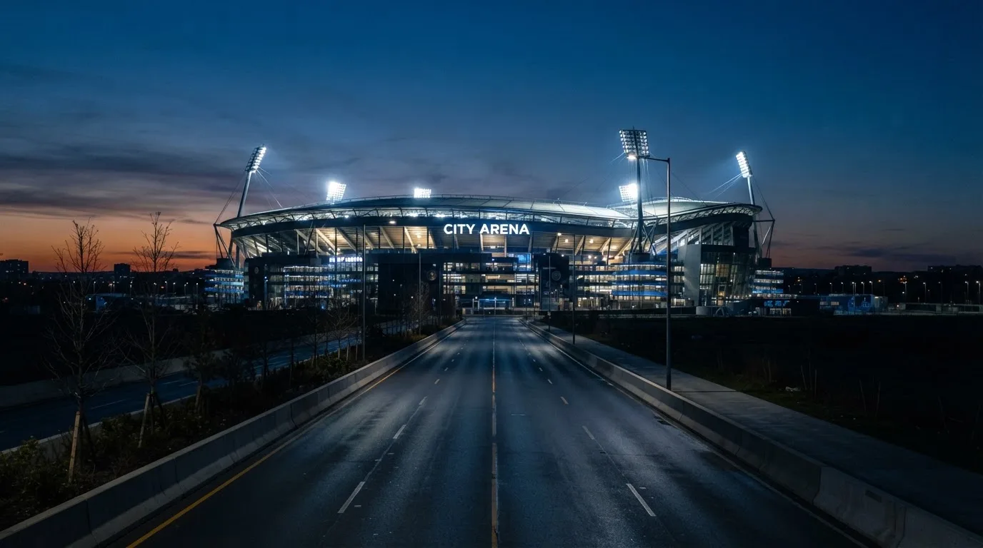 Ein Stadion unter Flutlicht aus großer Entfernung, davor eine leere Straße in der Abenddämmerung.