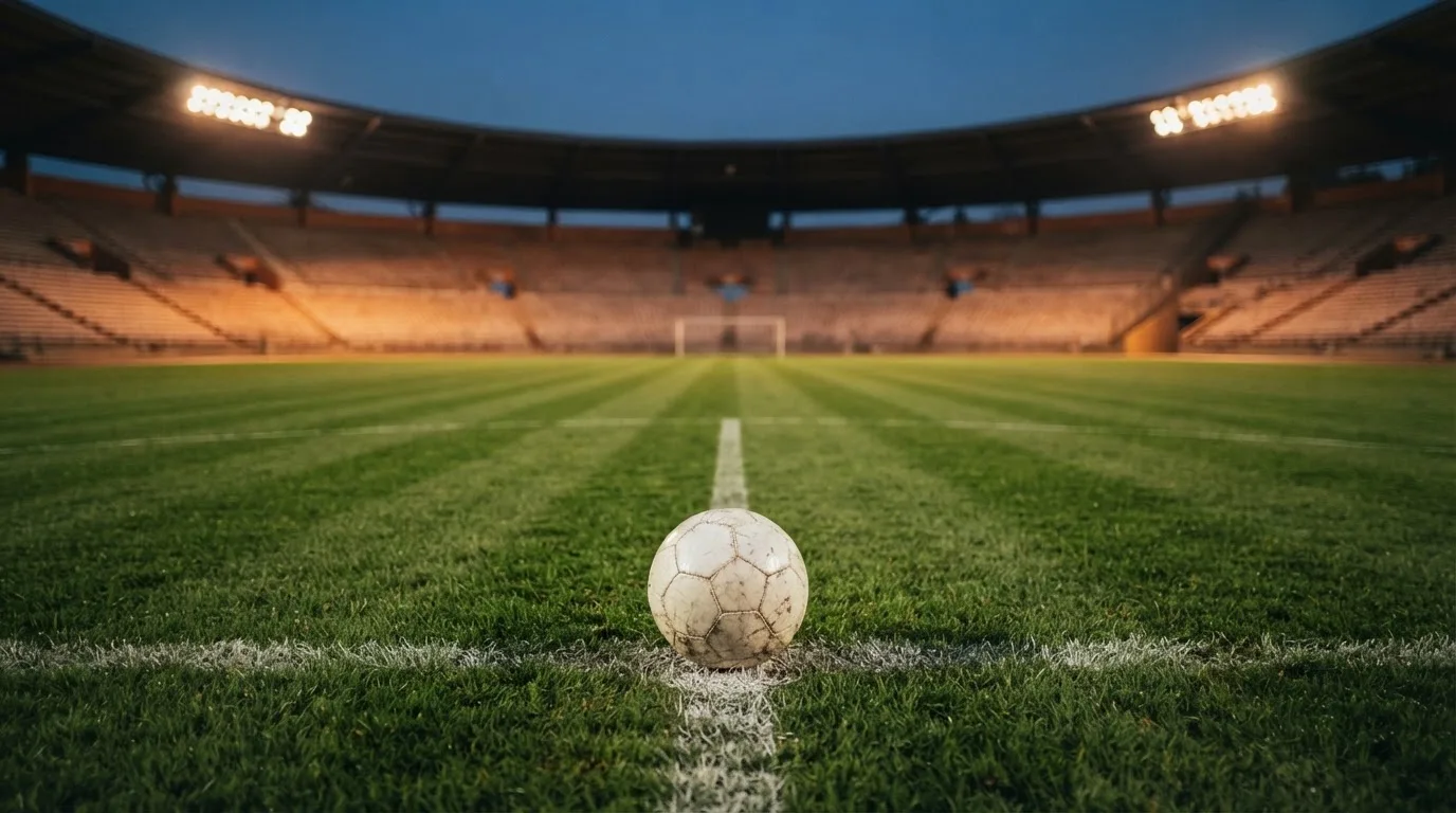 Ein Fußball liegt auf dem Anstoßpunkt eines Rasenplatzes, dahinter eine leere Tribüne im Abendlicht.