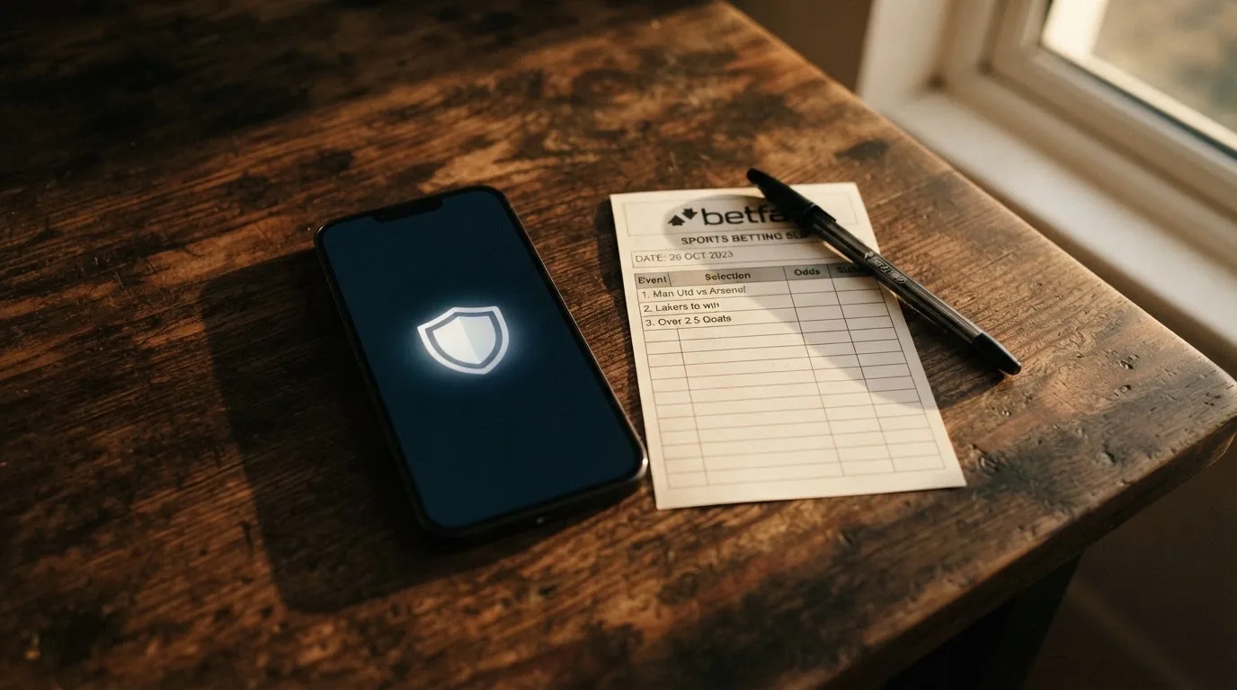 Ein Smartphone mit dunklem Display liegt neben einem leeren Papier-Wettschein auf einem Holztisch, Licht fällt von der Seite.