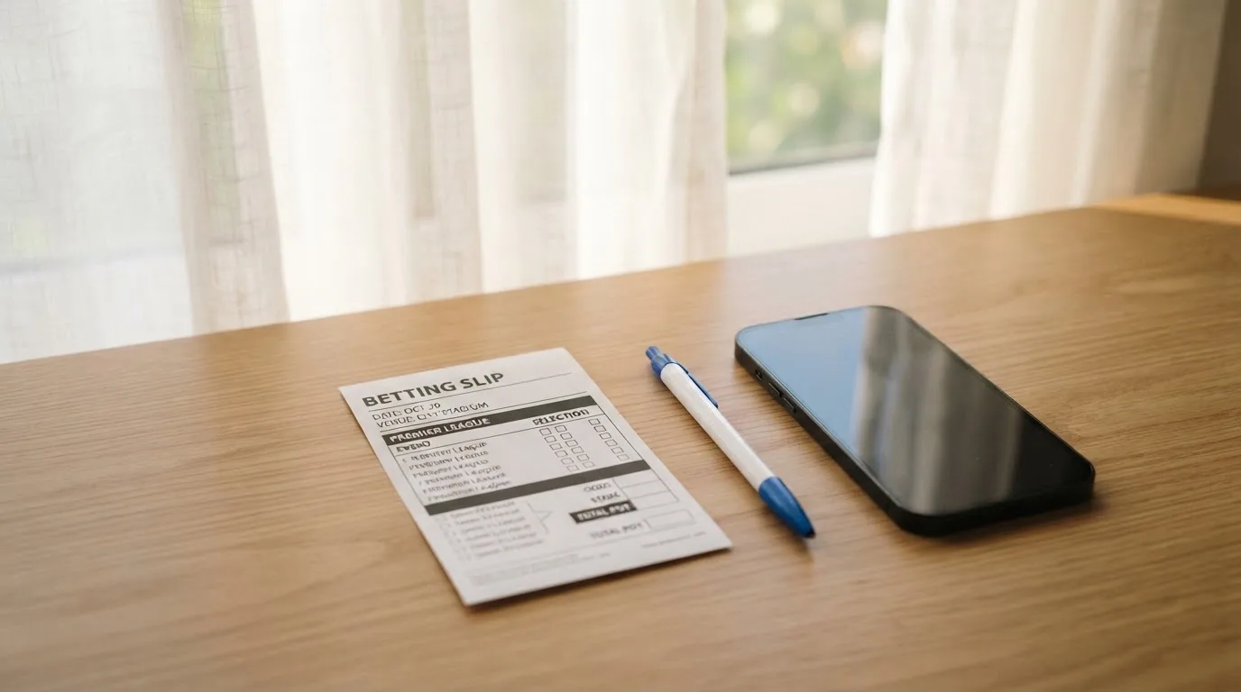 Ein leerer Papier-Wettschein und ein Kugelschreiber liegen neben einem Smartphone mit dunklem Display auf einem Schreibtisch am Fenster.
