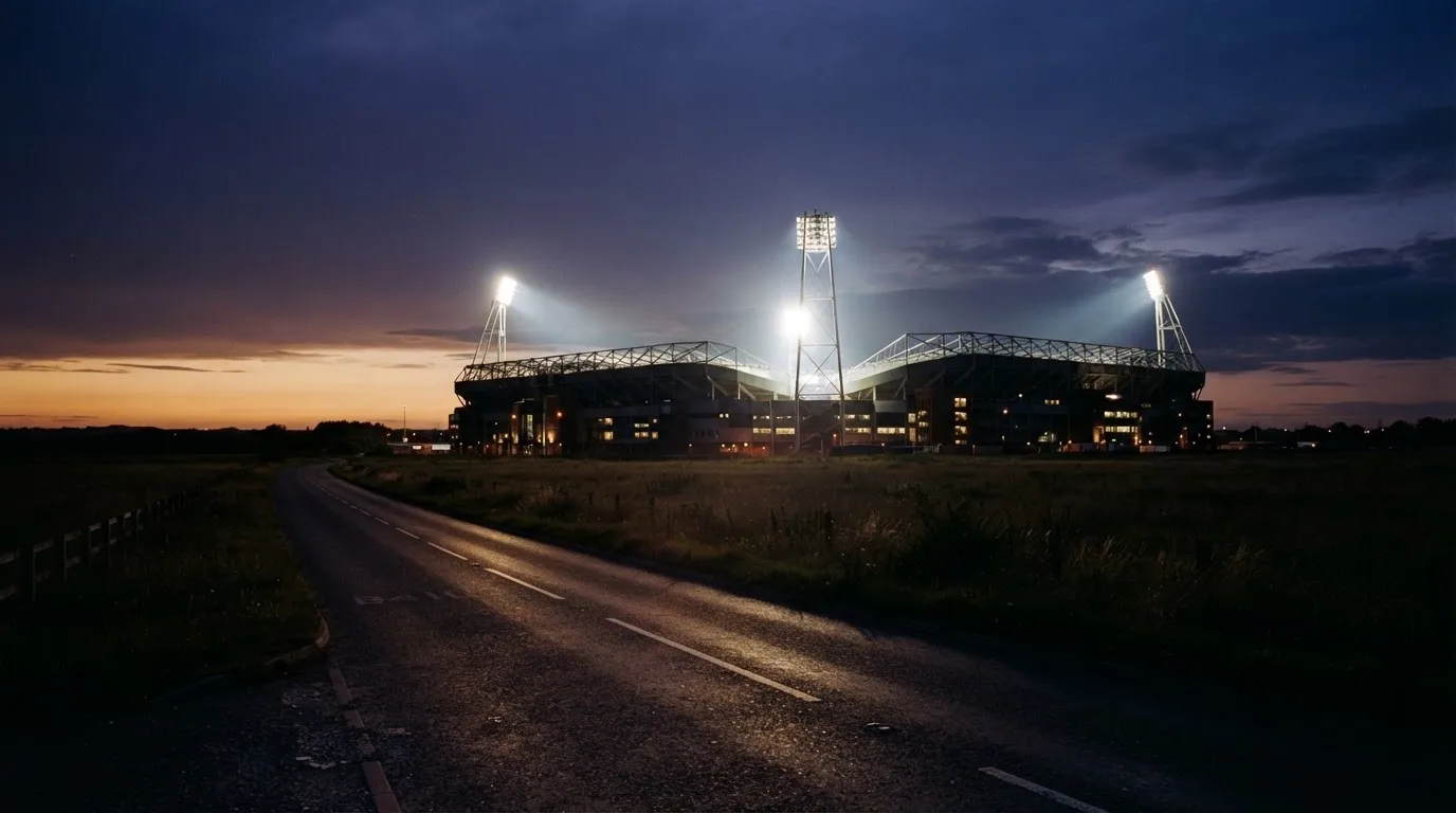 Ein Stadion unter Flutlicht aus großer Entfernung, davor eine leere Straße in der Abenddämmerung.