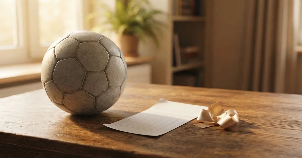 Ein kleines Geschenkband liegt neben einem Fußball und einem leeren Papier-Wettschein auf einem Holztisch im Tageslicht.