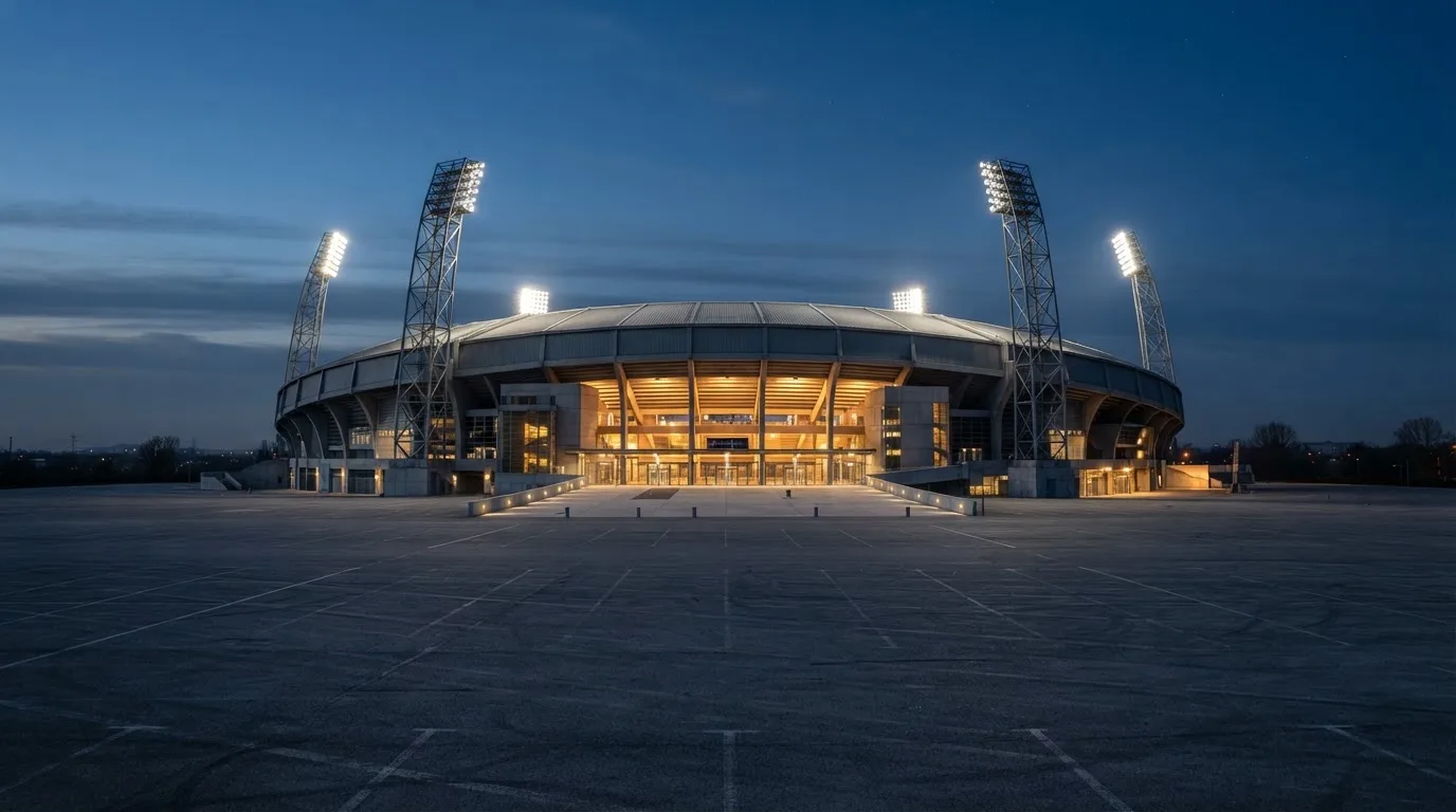 Ein Stadion unter Flutlicht aus der Ferne gesehen, davor ein leerer Parkplatz im Dunst.
