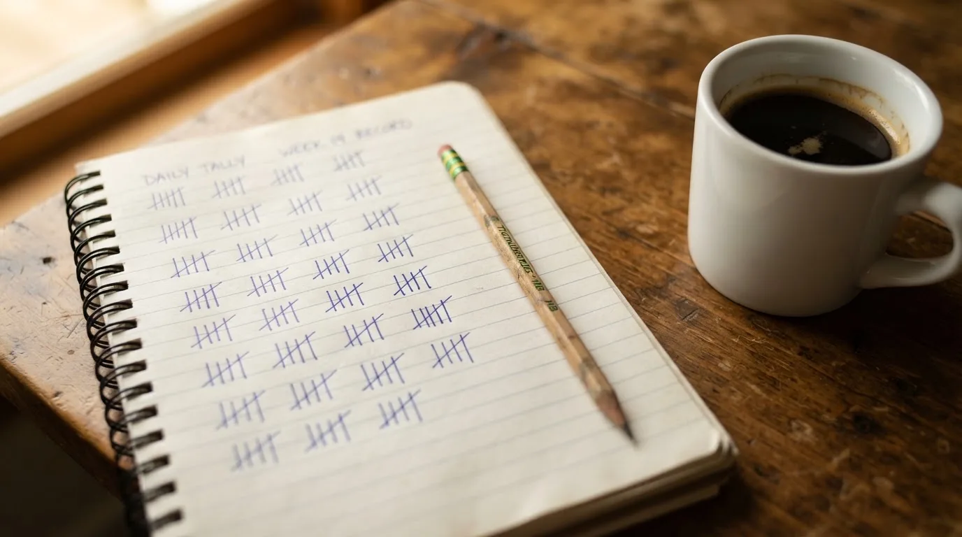 Ein Notizbuch mit handgeschriebenen Strichlisten liegt neben einem Bleistift und einer Kaffeetasse auf einem Holztisch.