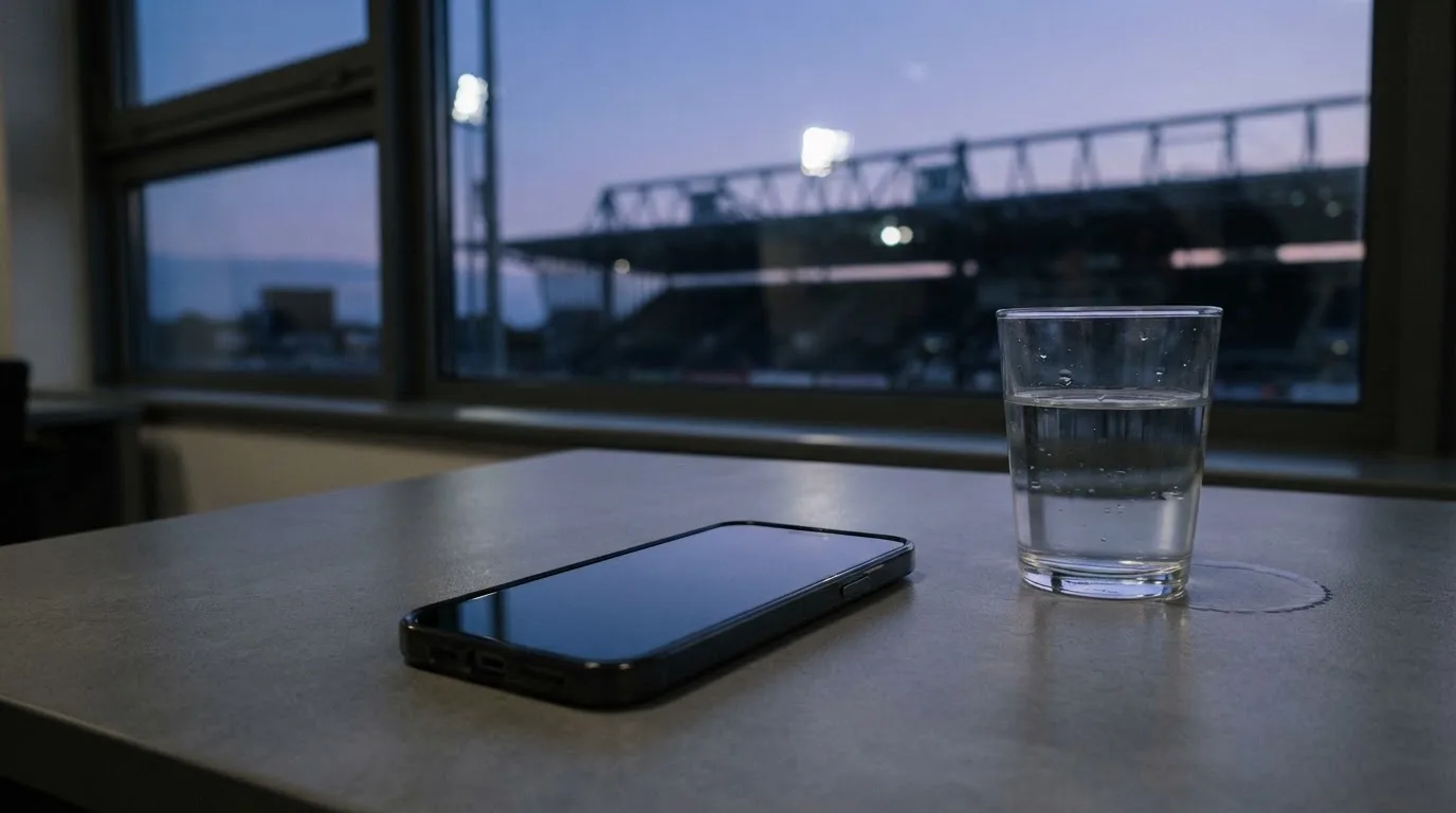 Ein Smartphone mit dunklem Display liegt auf einem Schreibtisch neben einem Glas Wasser, im Fenster dahinter ein Stadion im Dämmerlicht.