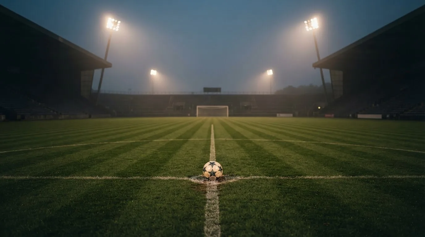Ein Fußball liegt auf dem Mittelkreis eines leeren Rasenplatzes unter Flutlicht am frühen Abend, die Tribünen sind nur schemenhaft zu erkennen.