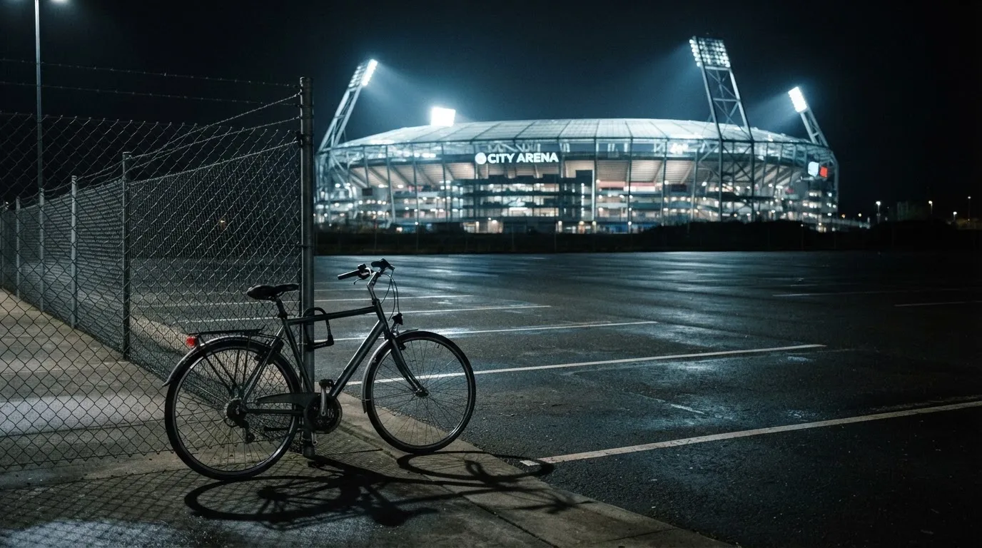 Ein Stadion unter Flutlicht aus der Ferne gesehen, davor ein dunkler Parkplatz und ein einzelnes Fahrrad an einem Zaun.