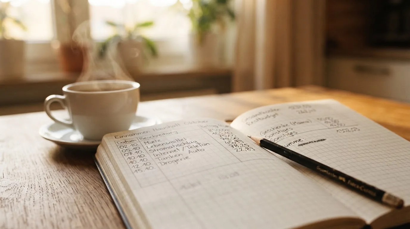 Ein Notizbuch mit handschriftlichen Zahlenreihen und ein Bleistift liegen auf einem Küchentisch neben einer Tasse.