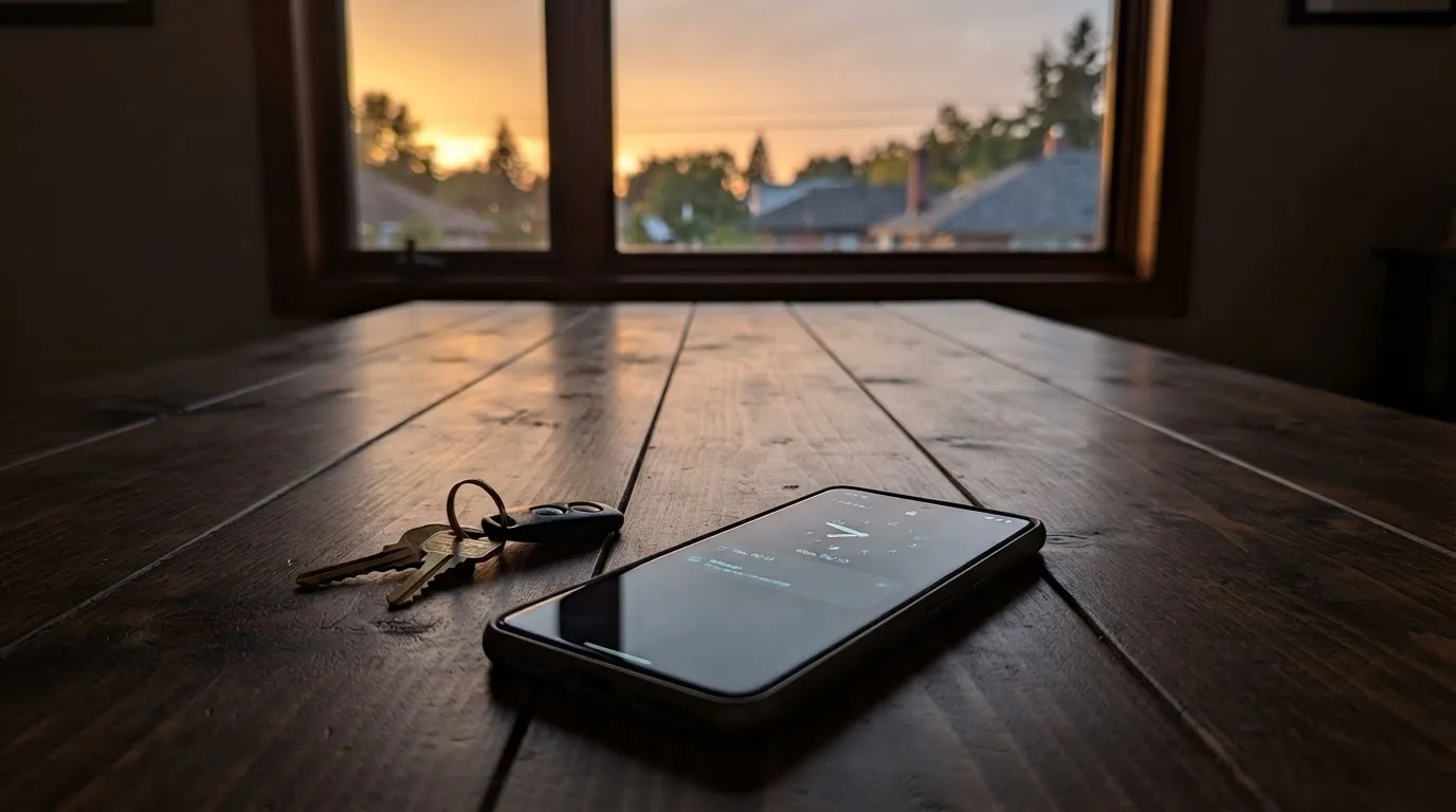 Ein Smartphone mit dunklem Display liegt auf einem Holztisch, daneben ein Schlüsselbund, im Hintergrund ein Fenster mit Abendlicht.