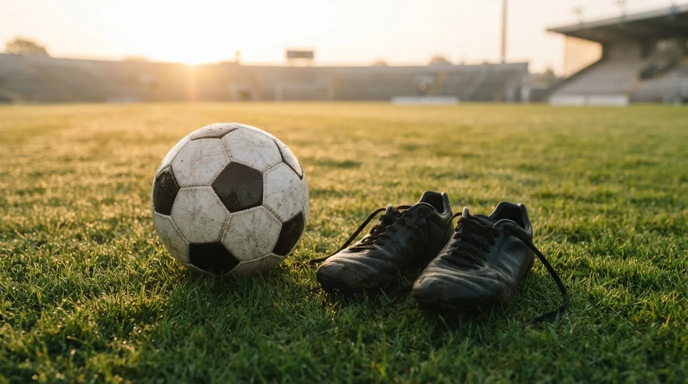 Ein Fußball auf frisch gemähtem Rasen im Morgenlicht, daneben ein Paar Fußballschuhe ohne erkennbare Marke.
