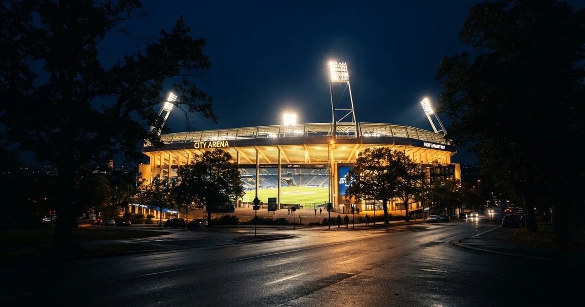 Ein Fußballstadion bei Nacht aus großer Entfernung, hell erleuchtet unter Flutlicht, davor eine dunkle Straße und Bäume.